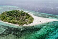 amiguin Island coastline and volcanic mountains in the Philippines