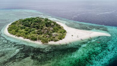 amiguin Island coastline and volcanic mountains in the Philippines