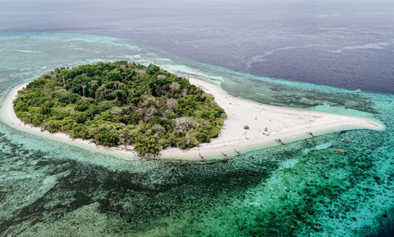 amiguin Island coastline and volcanic mountains in the Philippines